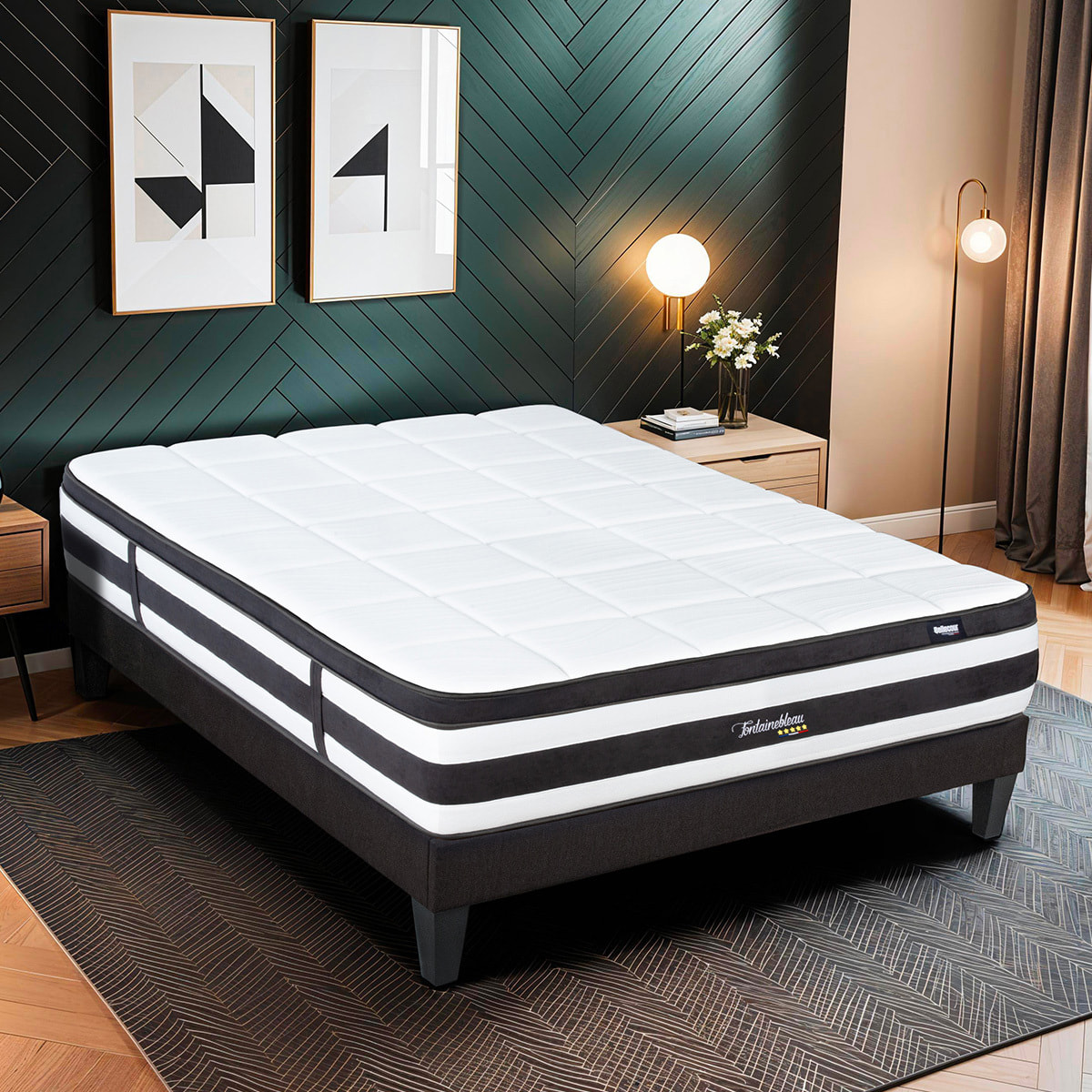 Ensemble Matelas Fontainebleau & Sommier KIT15, 25 cm, Ressorts Ensachés et Mousse polyuréthane, technologie Tri-Lattes, Soutien Ferme