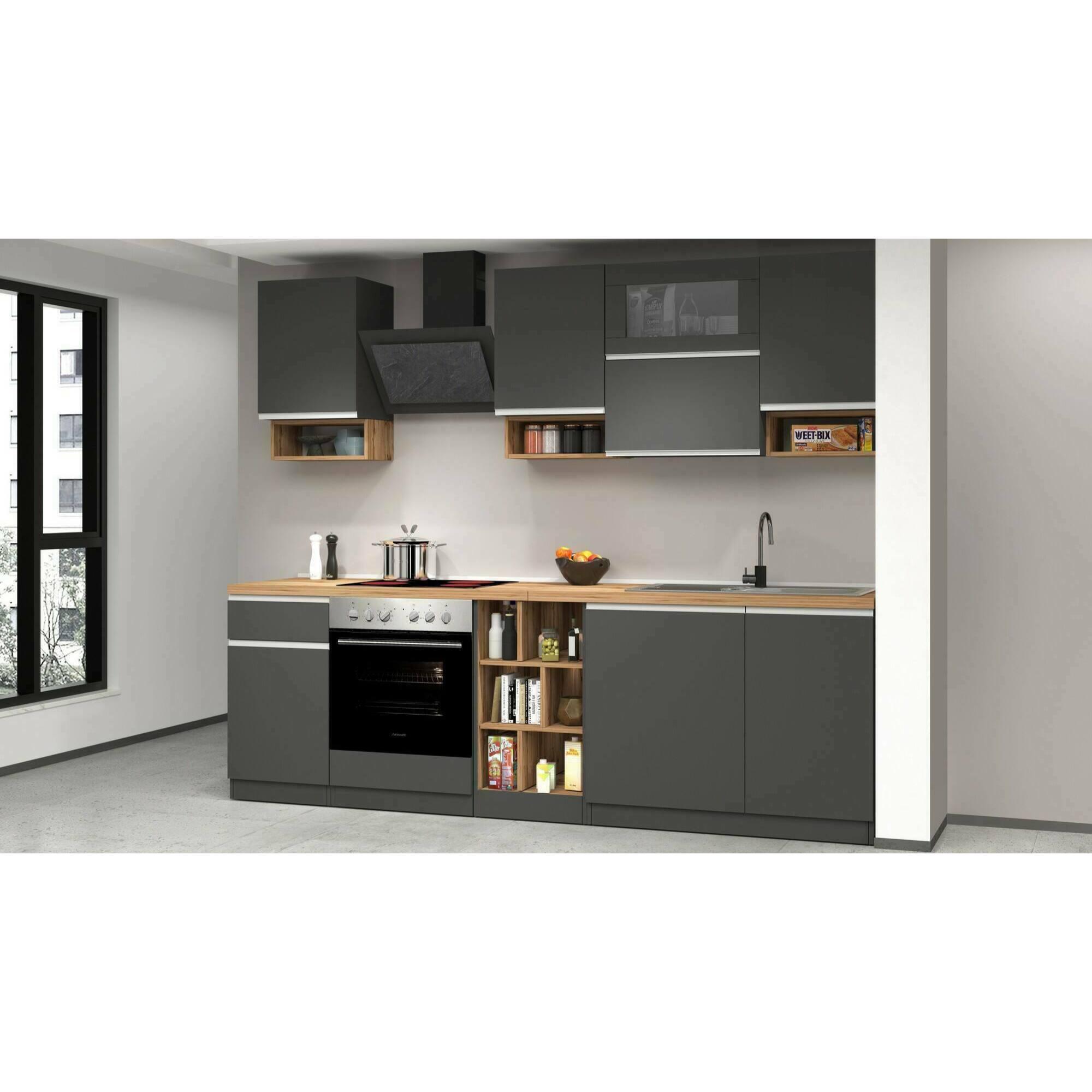 Cucina completa Dceccaron, Cucina pratica e salvaspazio, Parete da cucina con 8 ante e 1 cassetto, 100% Made in Italy, 255x60h85 cm, Antracite e Rovere