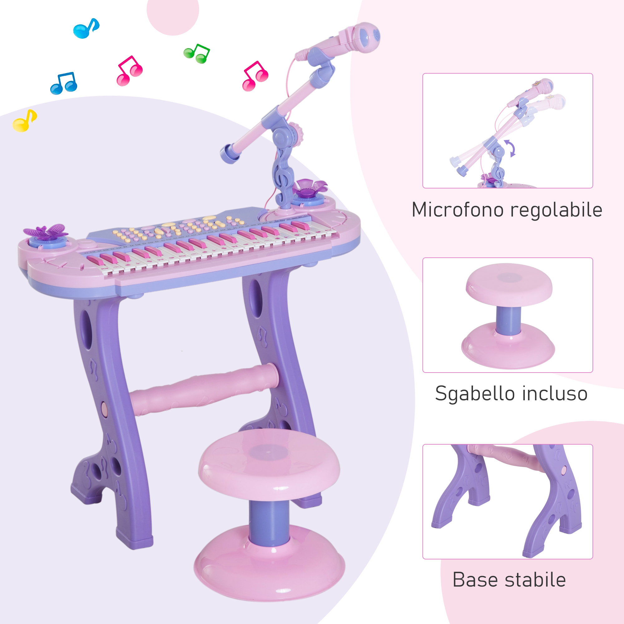 HOMCOM Pianola per Bambini con Sgabello e Microfono, 12 Strumenti e 22 Musiche, Registrazione, MP3 e Karaoke, Rosa