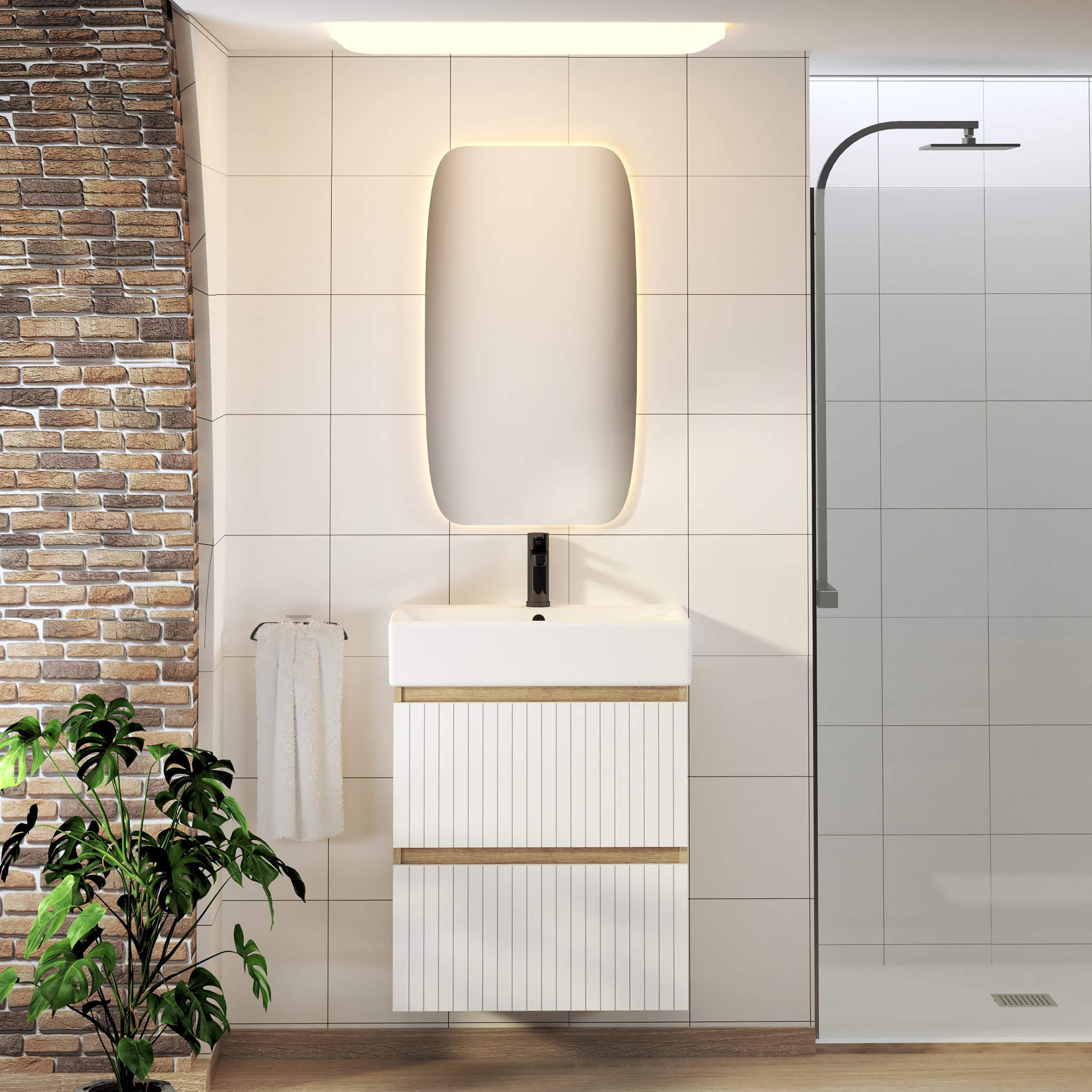 Conjunto de Baño Zel | Mueble Suspendido | 60 cm Blanco | Dos Cajones | Lavabo Encastrado | No incluye Espejo | Mueble Montado| Alday