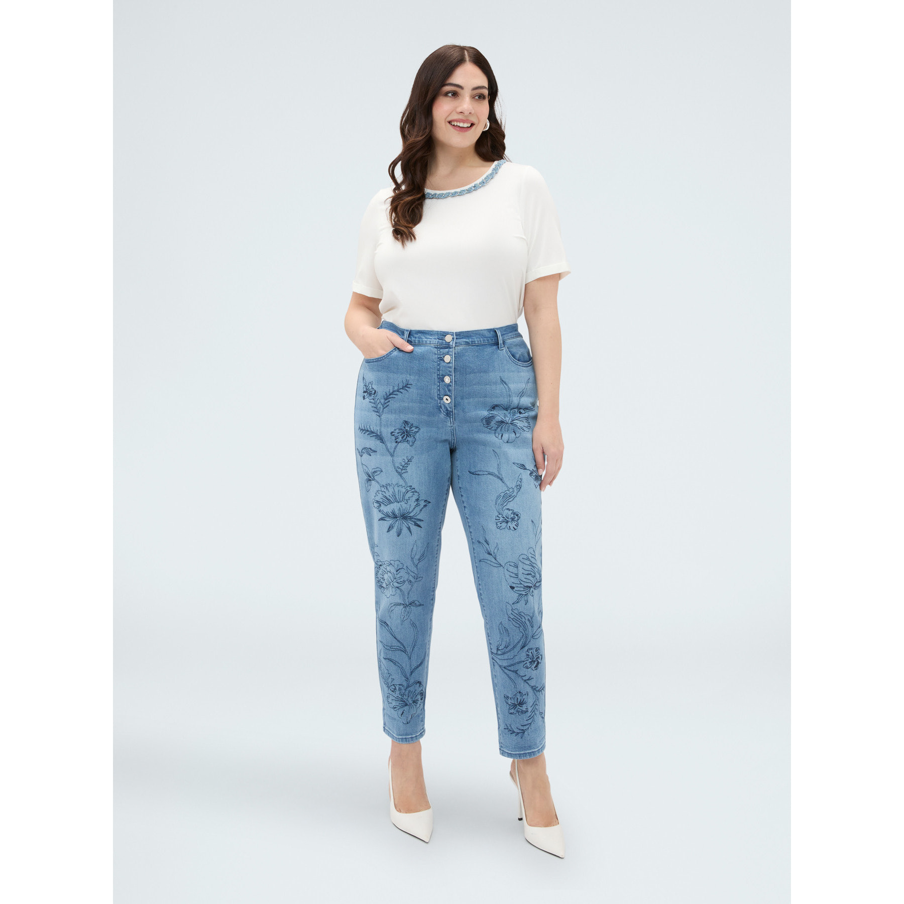 Fiorella Rubino - Jeans Barrell con bordado floral - Light - blue