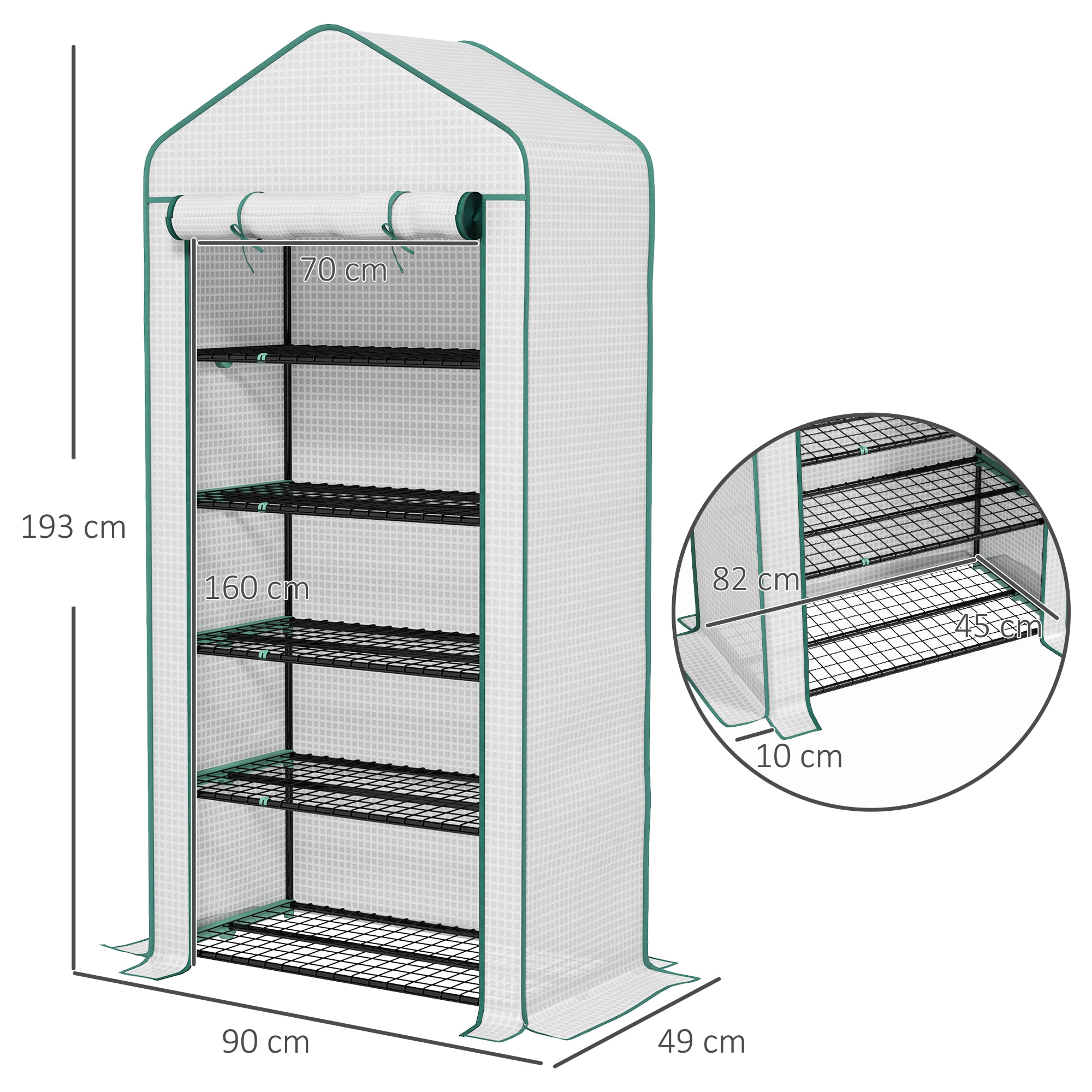 Invernadero de Jardín de 5 Niveles Invernadero Pequeño Exterior con Puerta Enrollable con Cremallera Anti-UV Diseño Ensanchado y Estantes para Cultivo de Plantas Flores 90x49x193 cm Blanco