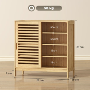 Zapatero de Bambú con 2 Puertas Correderas de Lamas, Zapatero Entrada Recibidor con Estantes Ajustables, para 16 Pares de Zapatos, 80x35x80 cm, Natural