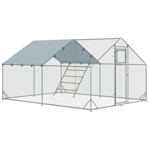 Enclos poulailler 12 m² espace couvert - perchoir, mangeoire à suspendre, porte, bâche - 4 x 3 x 1,95 m - acier gris