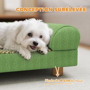 Canapé chien style nordique velours côtelé avec accoudoirs dossier dim. 63x41x17cm bois vert