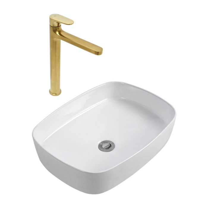 DARK mitigeur lavabo XL, or brossé + Ceramia PixL 50x37,5x13,5 cm vasque à poser, sans trop-plein, blanc (SAT285PBZCEPX4937)