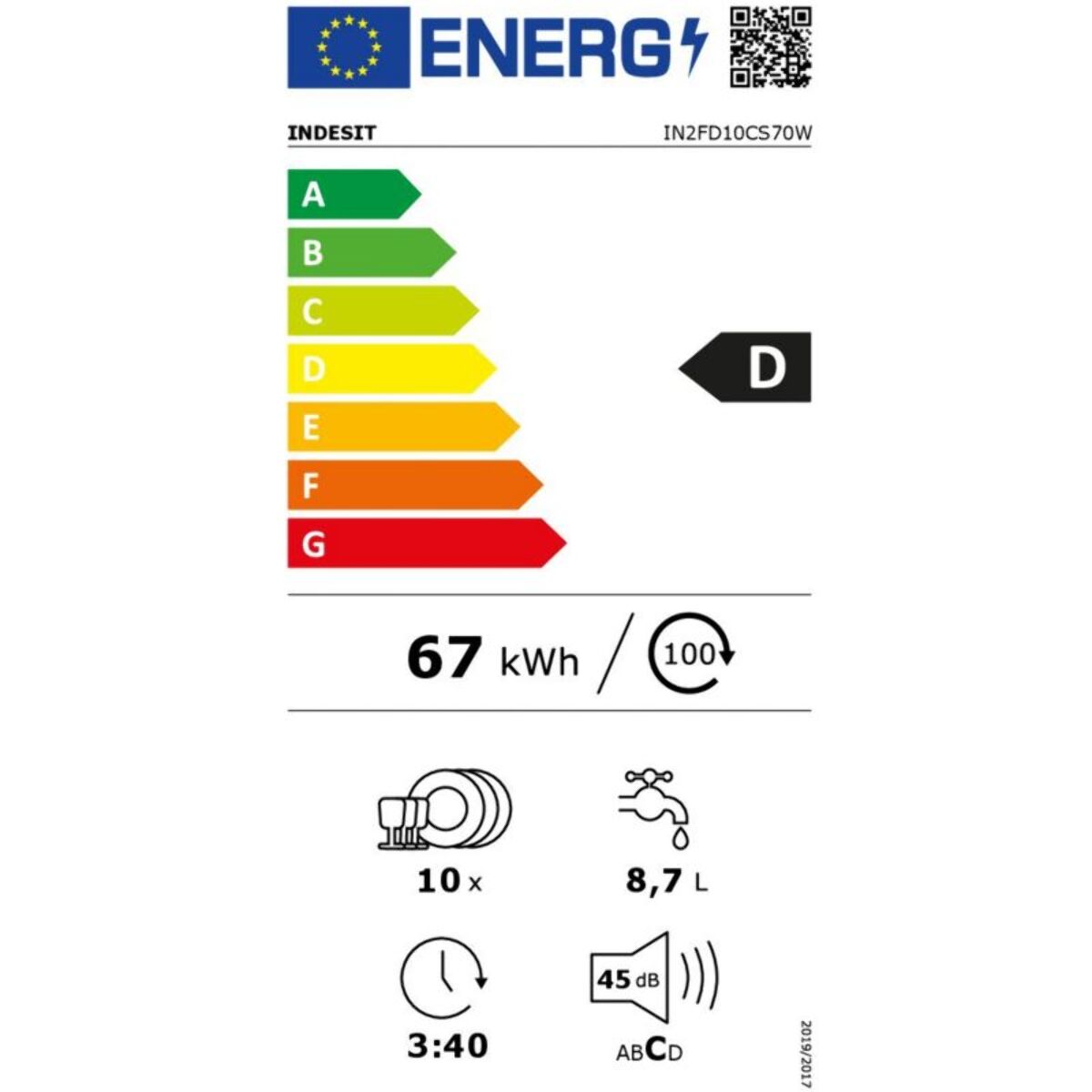 Lave vaisselle 45 cm INDESIT IN2FD10CS70W