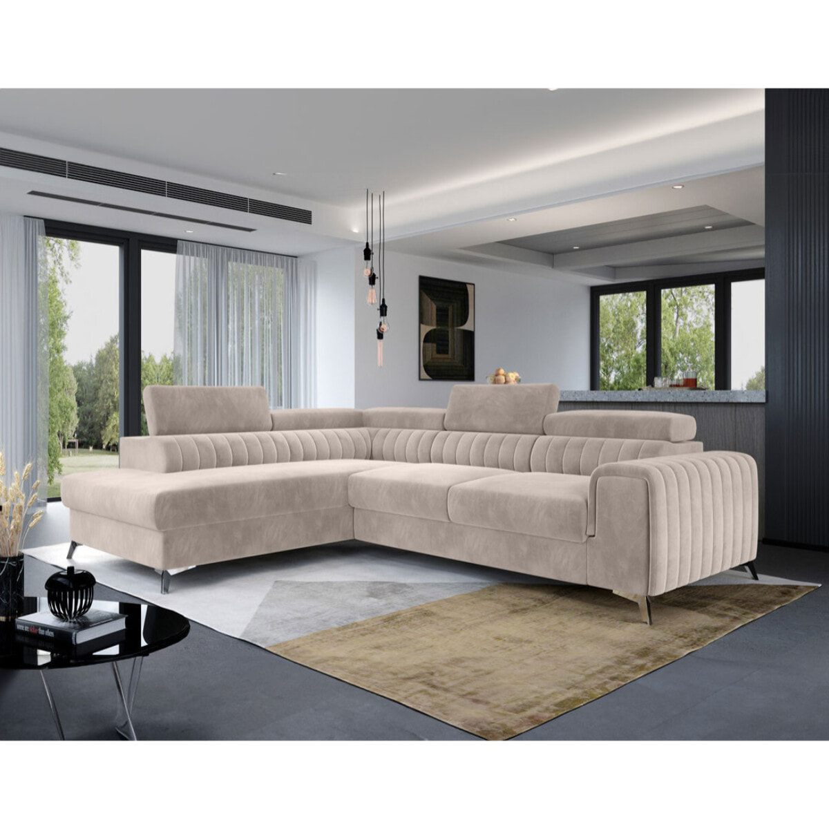 Talisay - canapé d'angle gauche - 5 places - convertible avec coffre - en velours - Beige