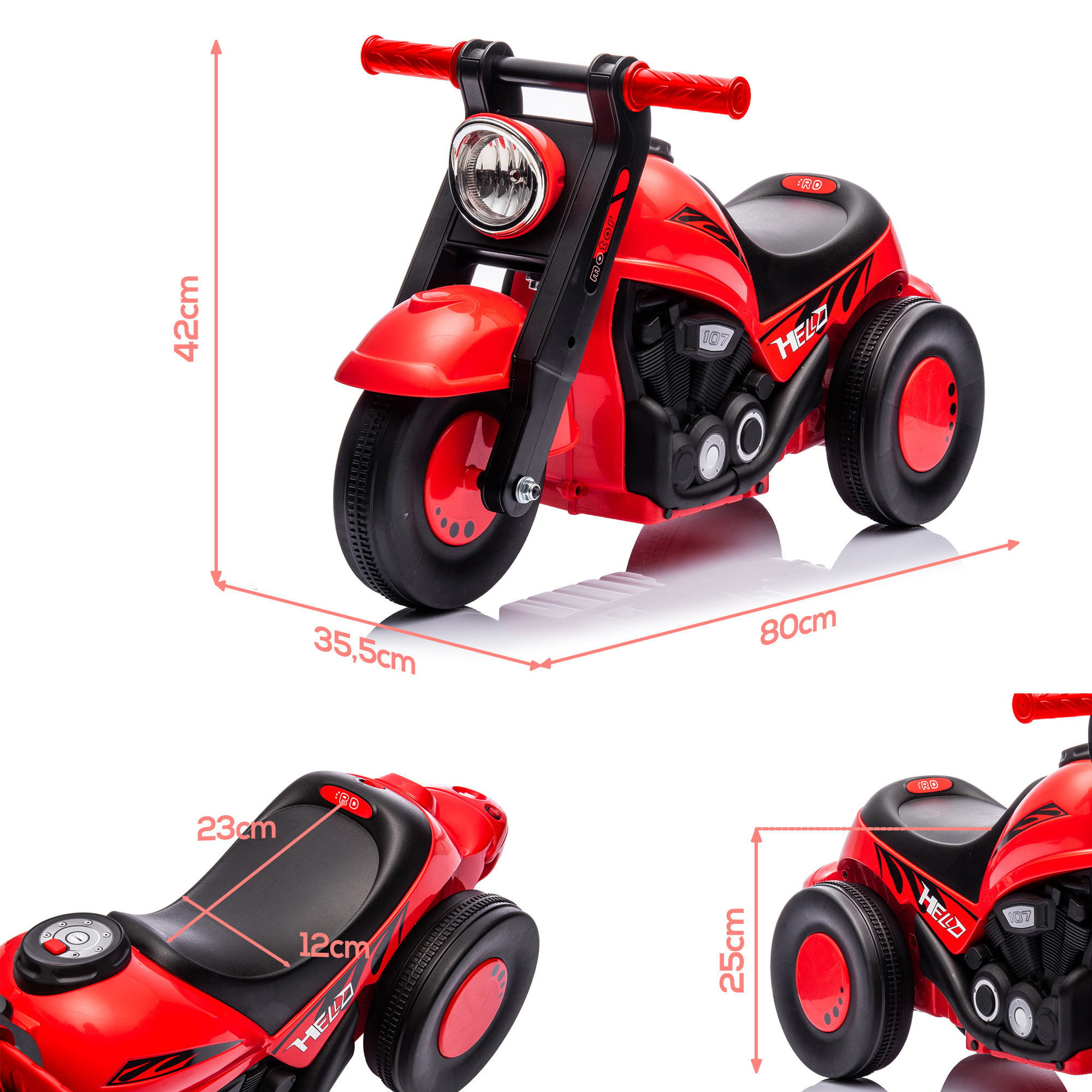 Moto Correpasillos para Niños de 2-5 Años Correpasillos con Música Burbujas Carga 30 kg 80x35,5x42 cm Rojo