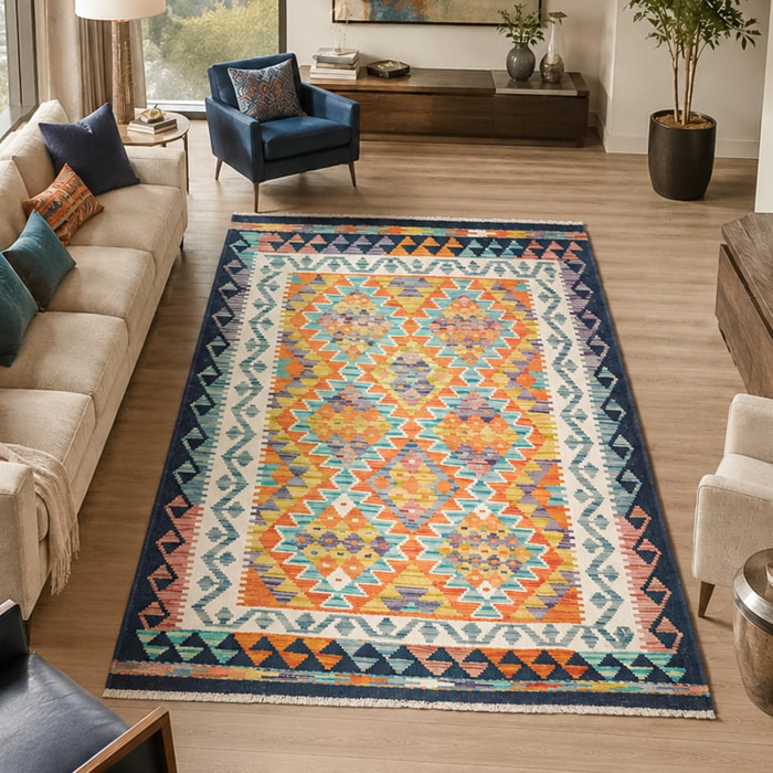 Tapis kilim à motif géométrique, tissage plat authentique