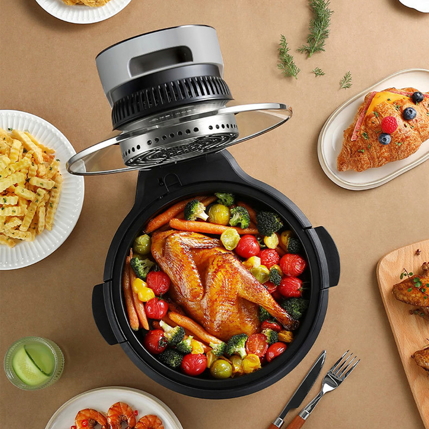 Friggitrice ad aria senza olio 1100w 5,5L pannello LED touch multifunzione. Design esclusivo del vaso con visione a 360°.