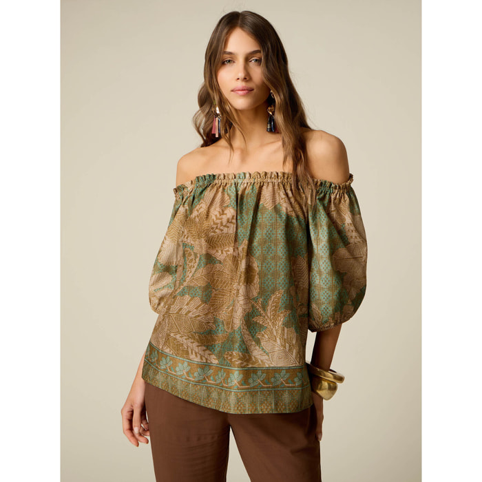 Oltre - Blusa off shoulders en muselina estampada - Verde