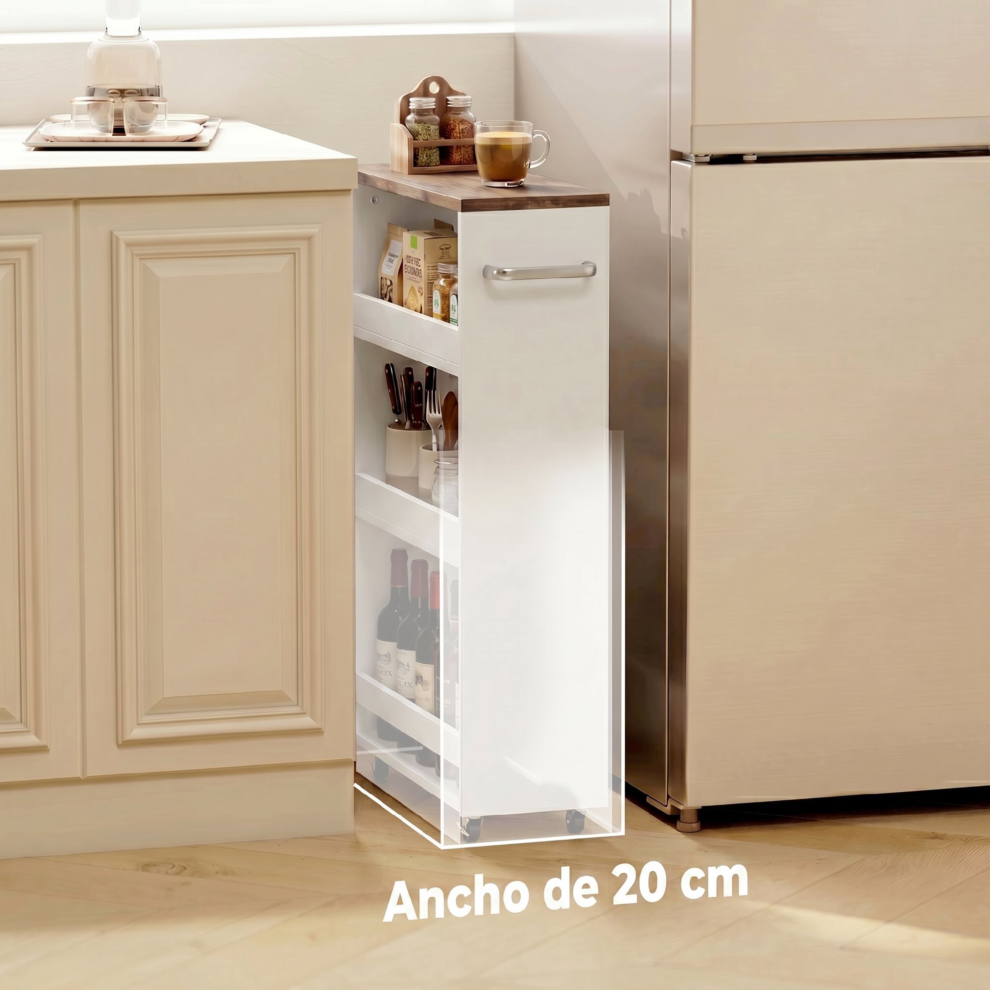 Carrito de Cocina Estrecho de 3 Niveles con Ruedas y Asa Lateral, Carro de Cocina Rodante para Espacios Reducidos, Comedor o Salón, 40x20x84 cm, Blanco