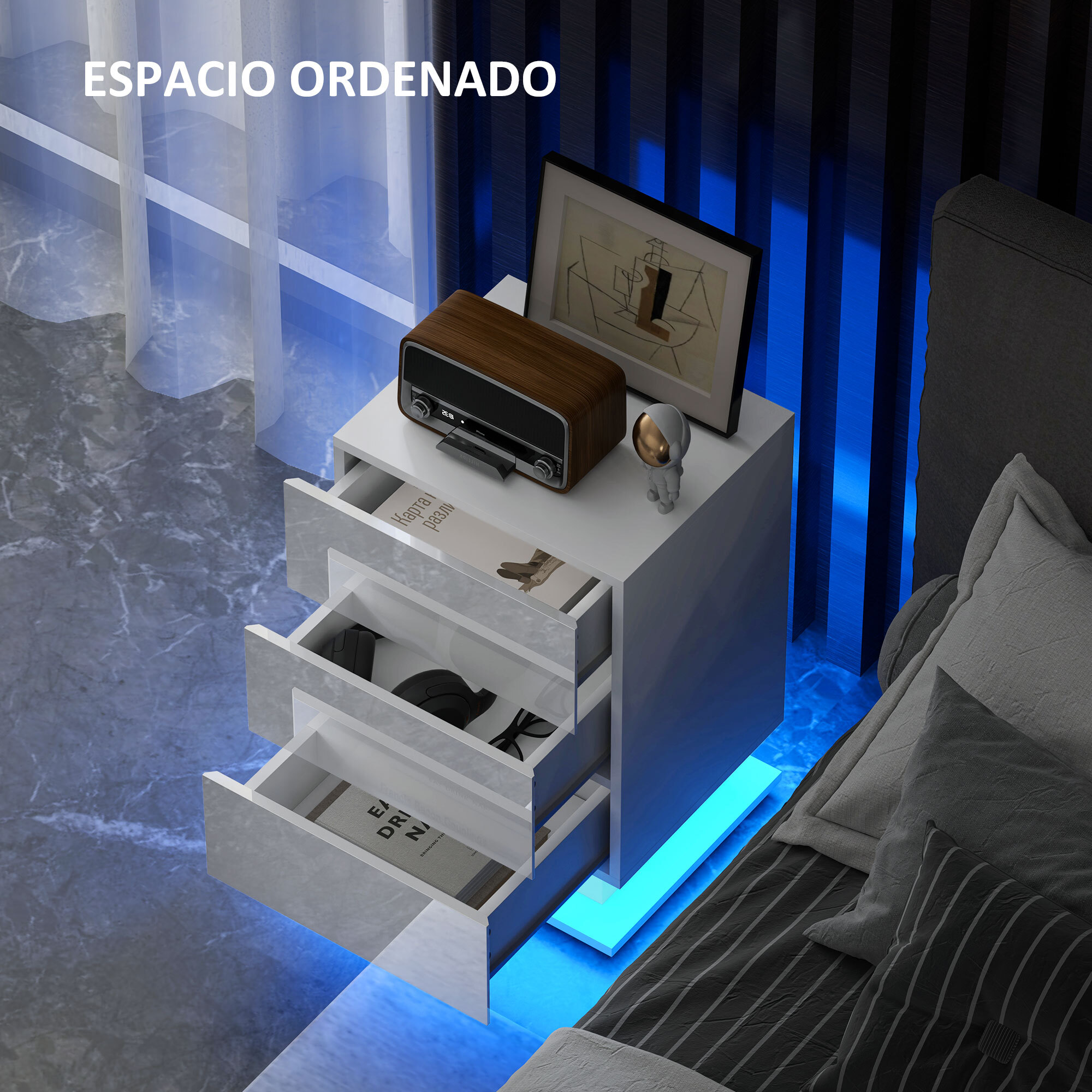 Mesita de Noche con Tira de Luz LED Multicolor Variable Mesa Auxiliar con 3 Cajones Estilo Moderno Mesilla de Noche para Dormitorio Salón 40x35x60 cm Blanco Brillo