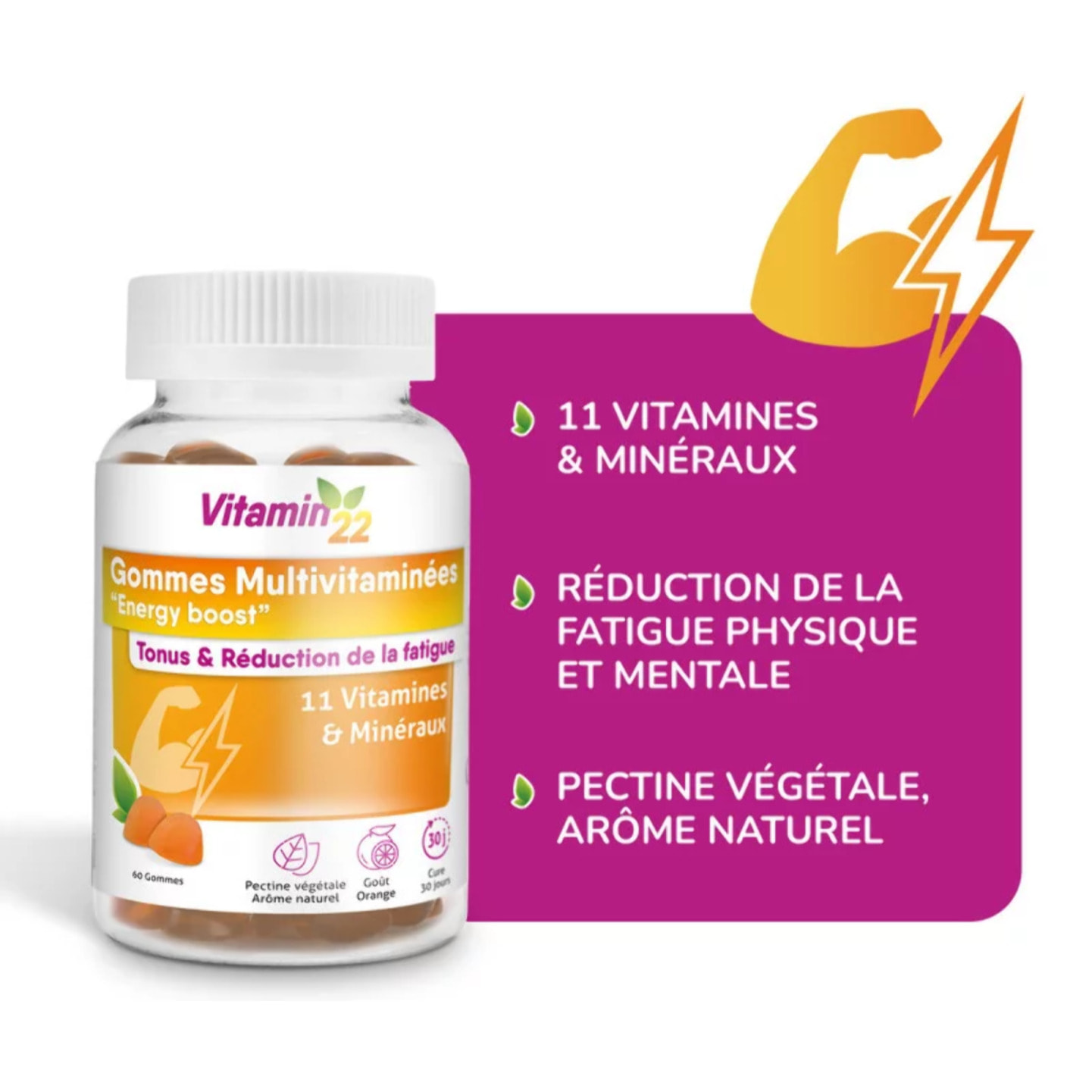 VITAMIN'22 - Gommes Multivitaminées "Energy Boost" - Complément alimentaire à base de 11 vitamines & minéraux - Tonus & Réduction de la fatigue - Goût orange - 60 gommes - Cure 30 jours