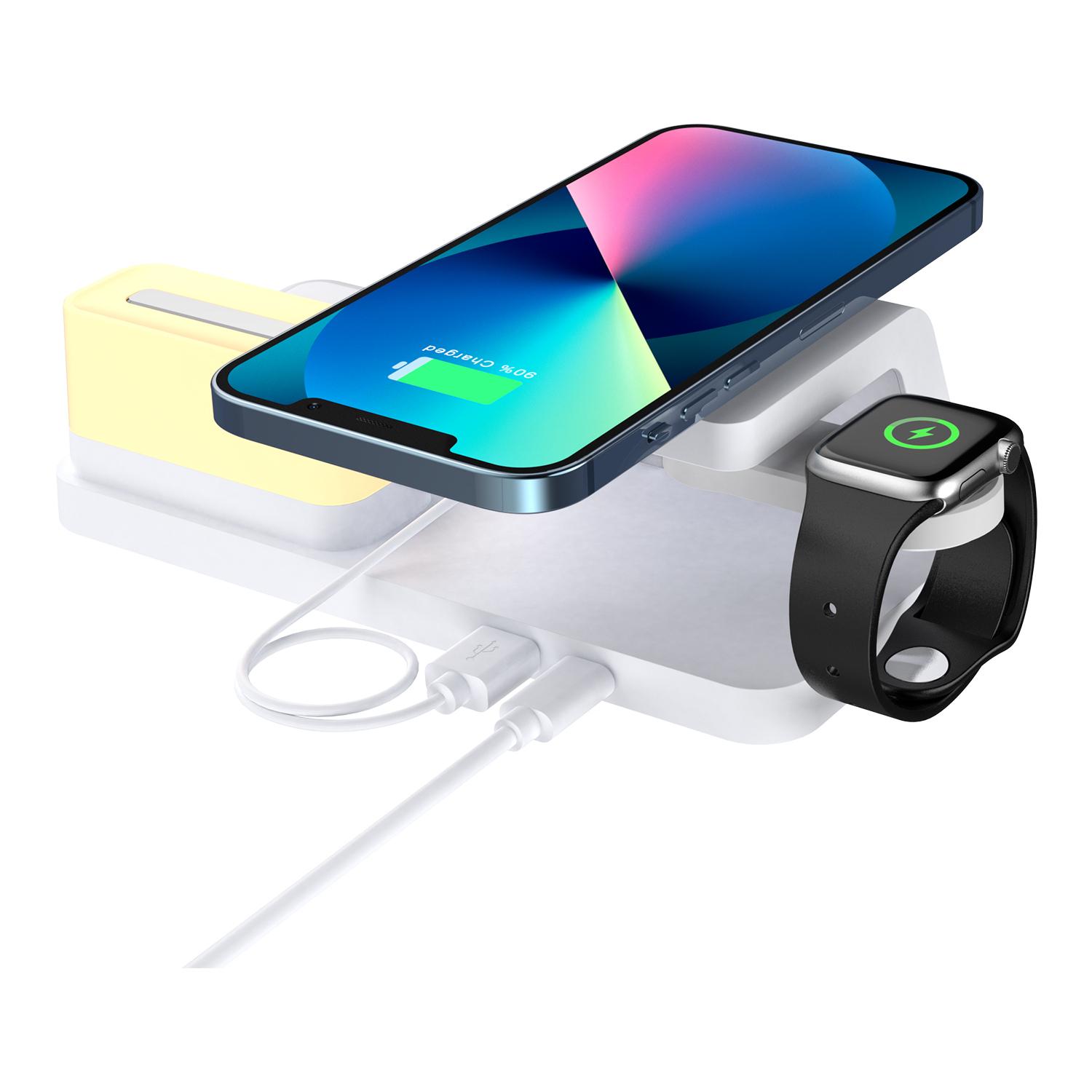 Caricabatterie wireless multifunzione 6 in 1: caricabatterie wireless Qi da 15 W, caricabatterie wireless per cuffie, USB, Apple Watch, luce ambientale e sveglia.