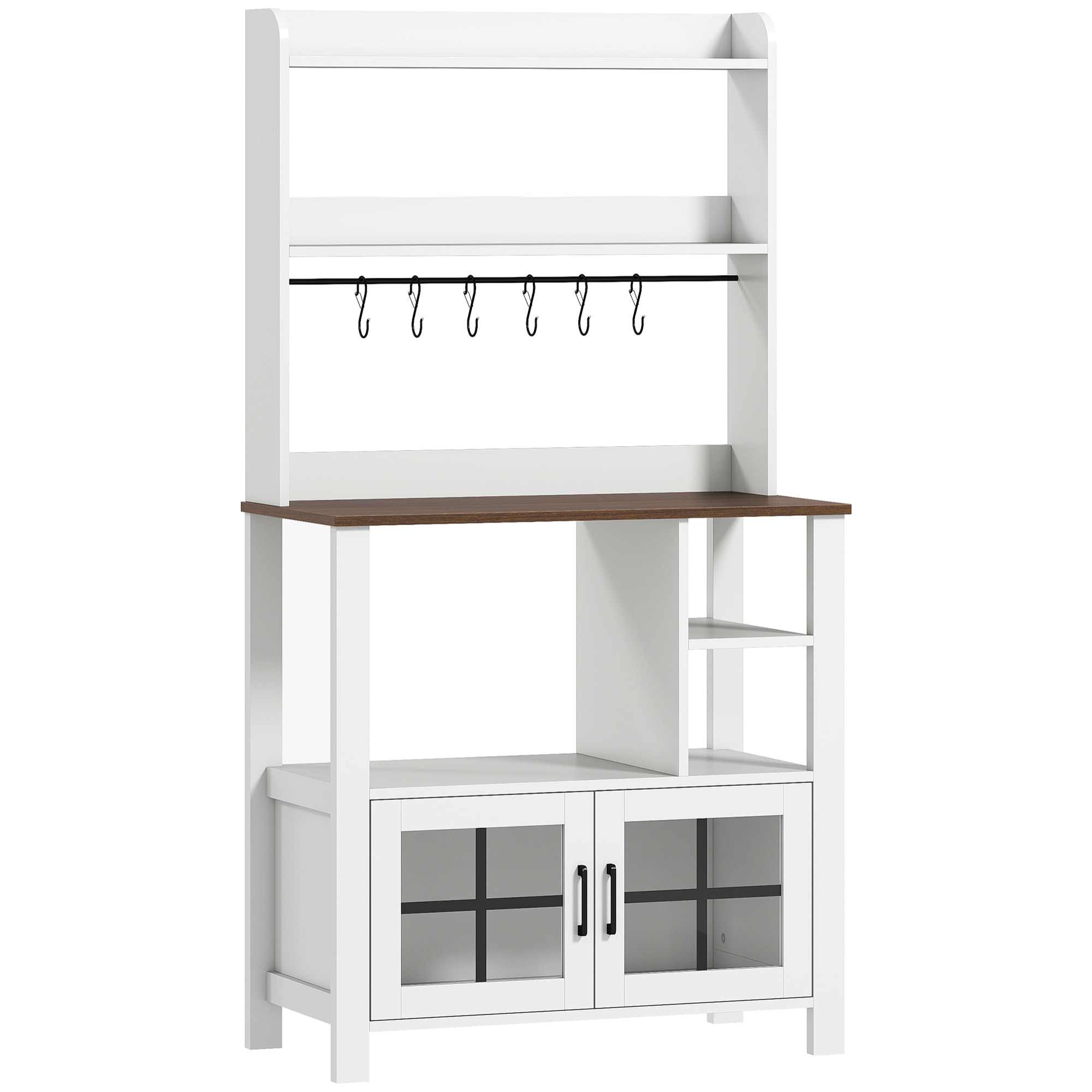Alacena de Cocina Alta, Mueble Auxiliar de Cocina, con 6 Ganchos para Tazas, 2 Puertas de Vidrio, Estantes Abiertos, Blanco, 80x40x152 cm