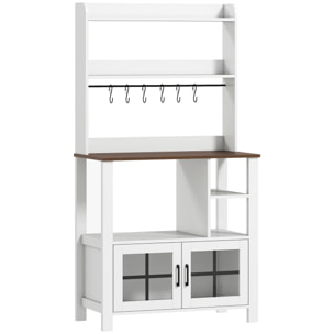 Alacena de Cocina Alta, Mueble Auxiliar de Cocina, con 6 Ganchos para Tazas, 2 Puertas de Vidrio, Estantes Abiertos, Blanco, 80x40x152 cm