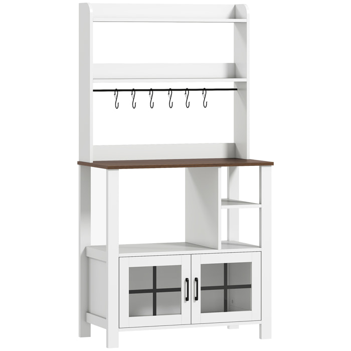 Alacena de Cocina Alta, Mueble Auxiliar de Cocina, con 6 Ganchos para Tazas, 2 Puertas de Vidrio, Estantes Abiertos, Blanco, 80x40x152 cm