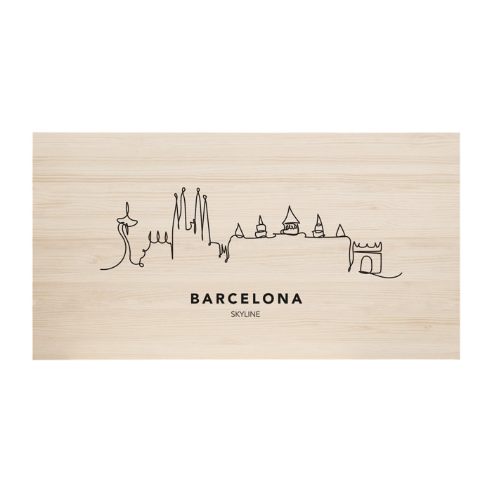 Cabecero de madera maciza estampado motivo Barcelona Skyline en tono natural de varias medidas