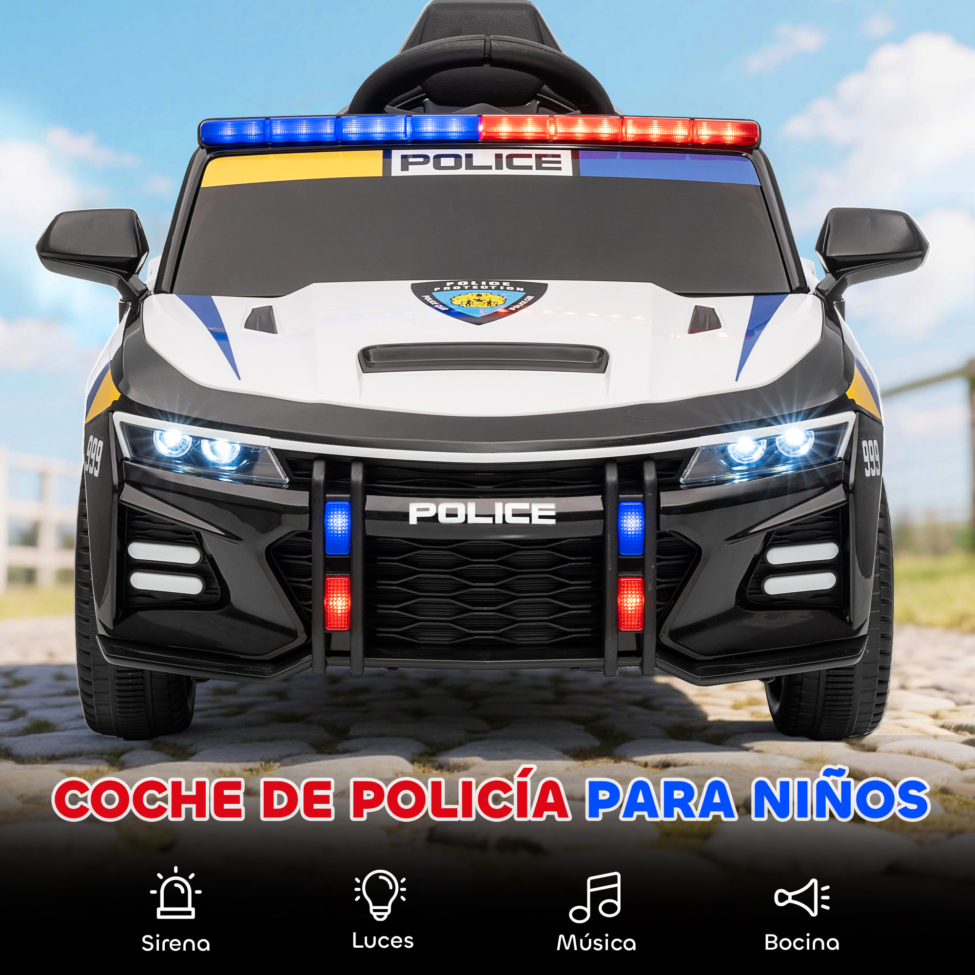 Coche Eléctrico para Niños de Policía, Coche de Batería para Niño de +3 Años 12V, con Mando a Distancia 2,4G, Luces, Sirena, Música, USB, Suspensión de Muelle, Multicolor