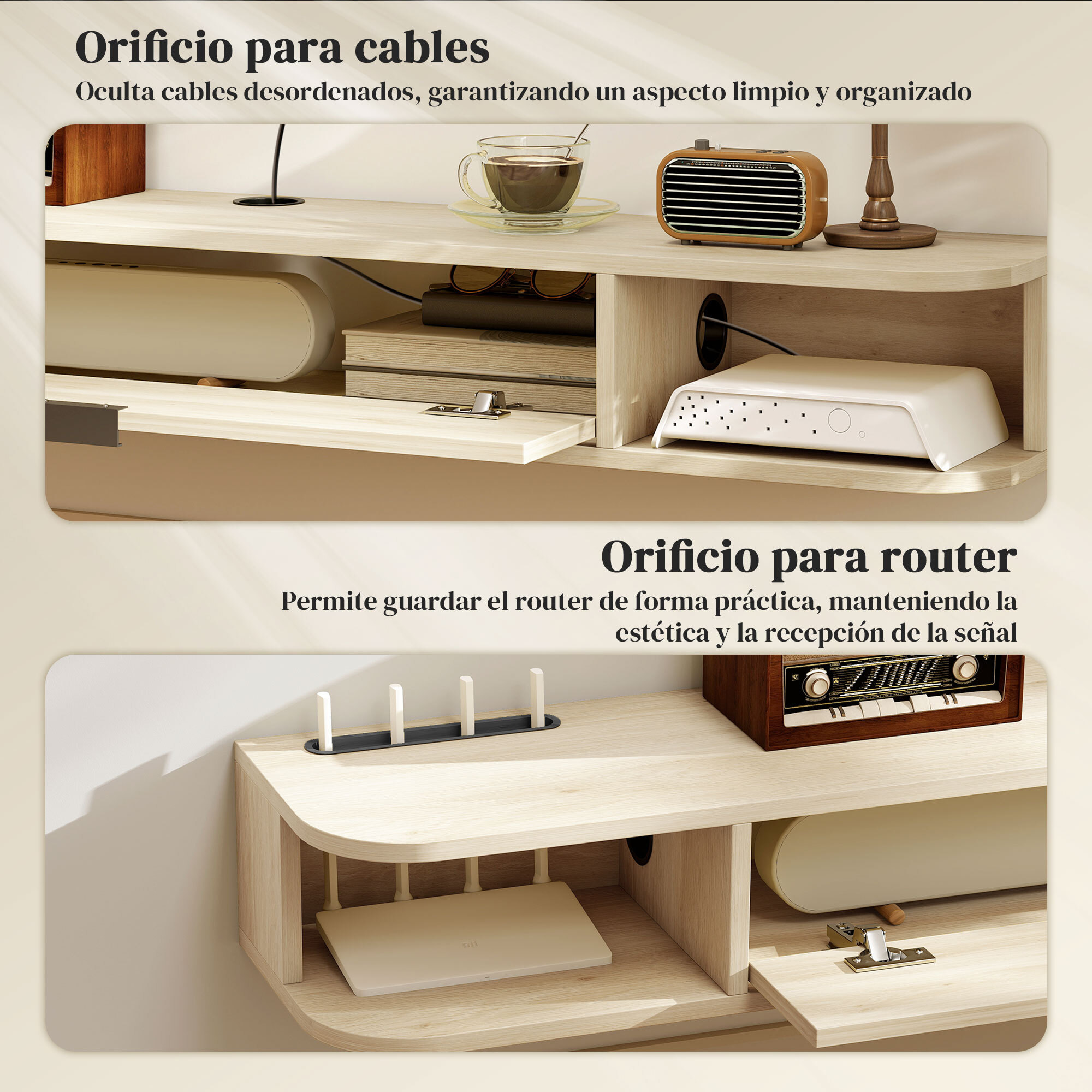 Mueble de TV Suspendido, Mueble de TV para Salón con Cajón Abatible, 2 Estantes Abiertos, Gestión de Cables, Estilo Moderno, para Televisión 60 Pulgadas, 140x24x16 cm, Madera Natural