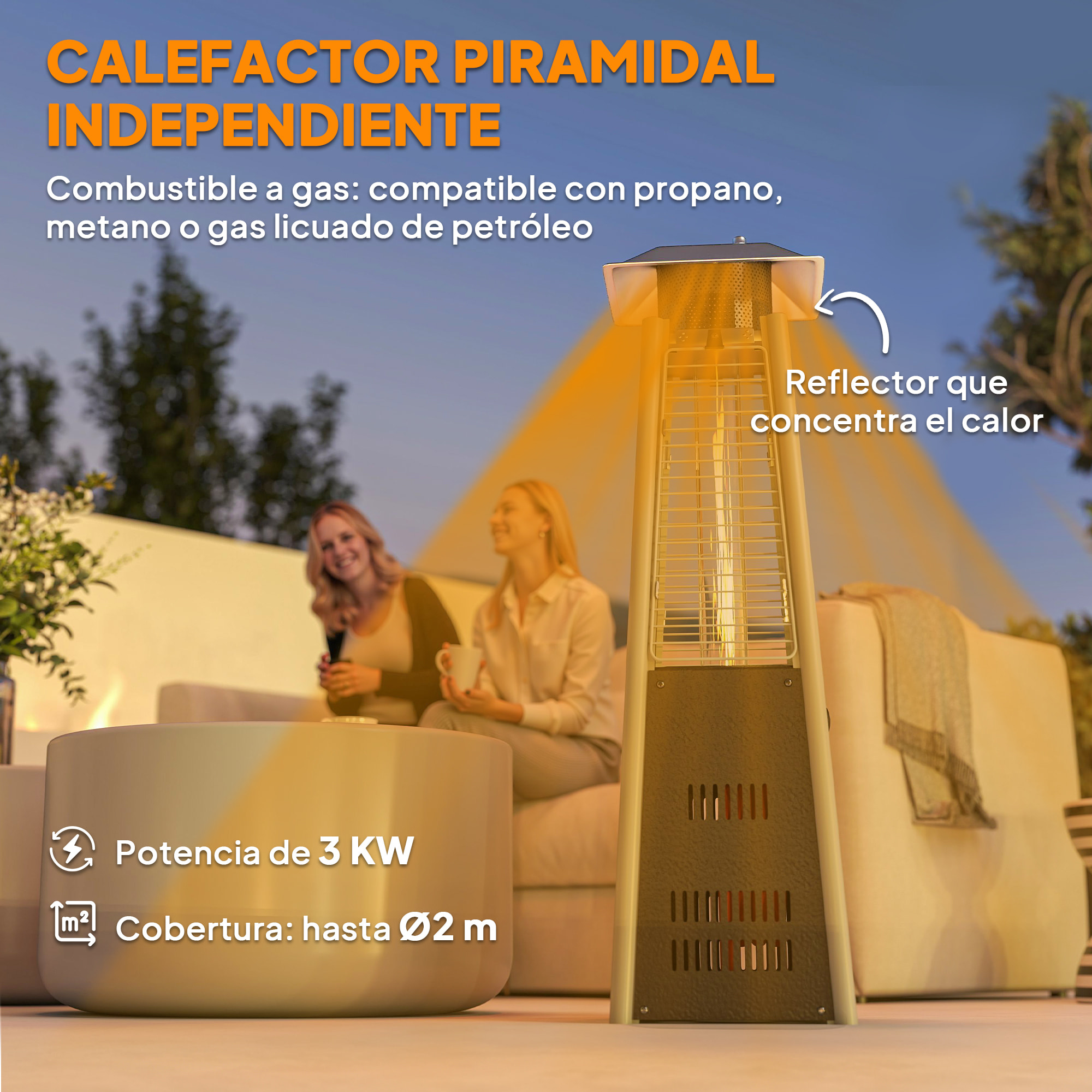 Outsunny Estufa de Gas Butano, 3000W, Calefactor de Exterior a Gas Portátil con Temperatura Ajustable, Protección contra Vuelcos, Ignición por Presión, para Butano y Propano, 3 m², Bronce
