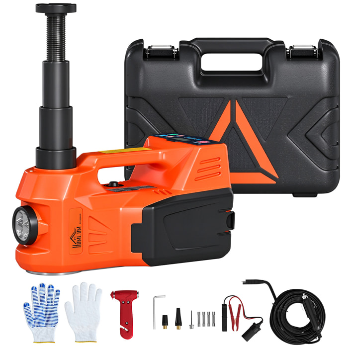 HOMCOM Kit de Gato Hidráulico Eléctrico de 5T 12V, Elevador de Coche Automático 143-450 mm, con Luz LED, Luces Advertencia, Bomba Aire, Llave Hexagonal, Martillo, Maletín Reflectante para SUV y Sedán