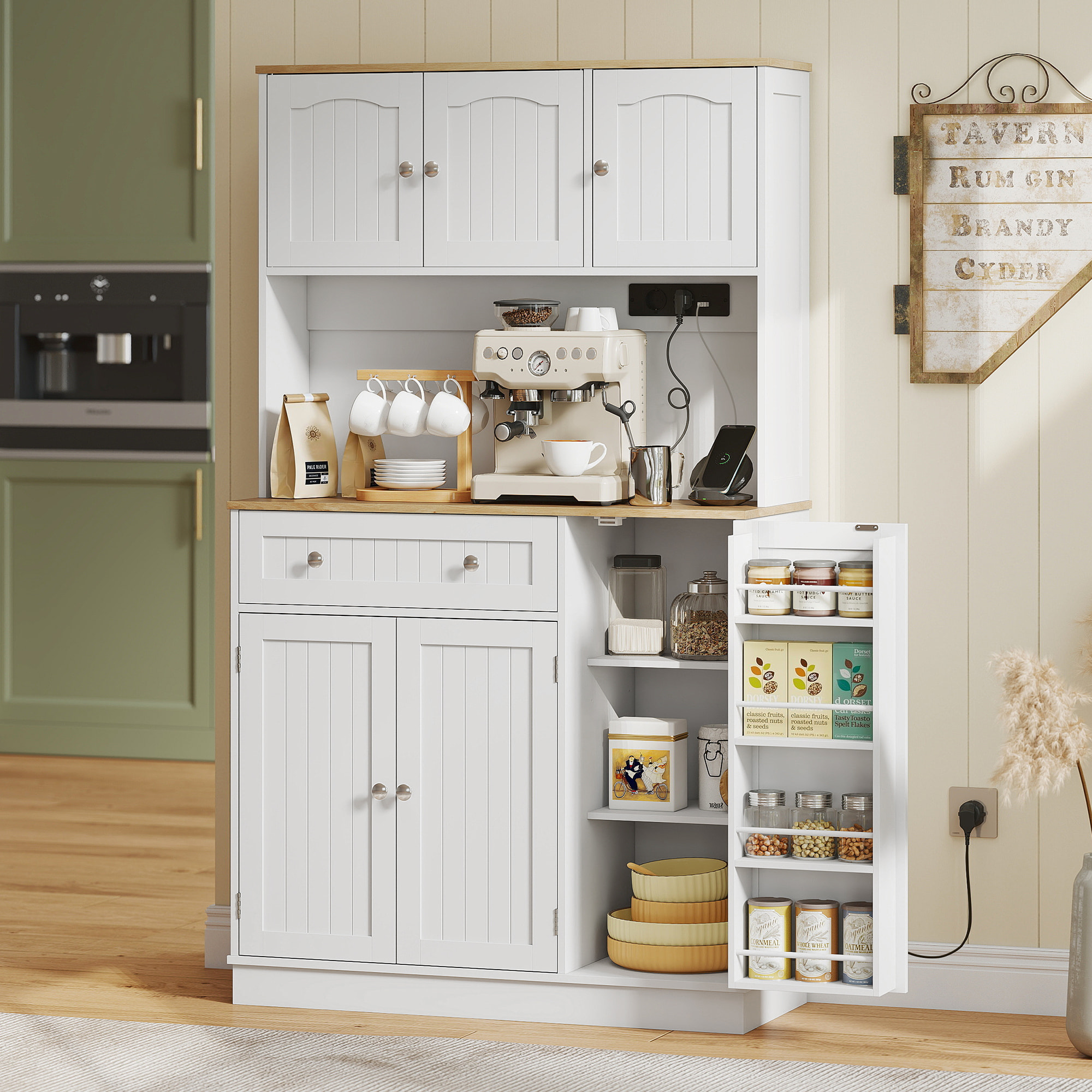 Alacena de Cocina Alta con Estación de Carga, Mueble Auxiliar de Cocina, 6 Puertas, Cajón, Estantes Ajustables, 4 Estantes para Especias, Encimera Amplio, para Comedor, 100x40x173 cm, Blanco