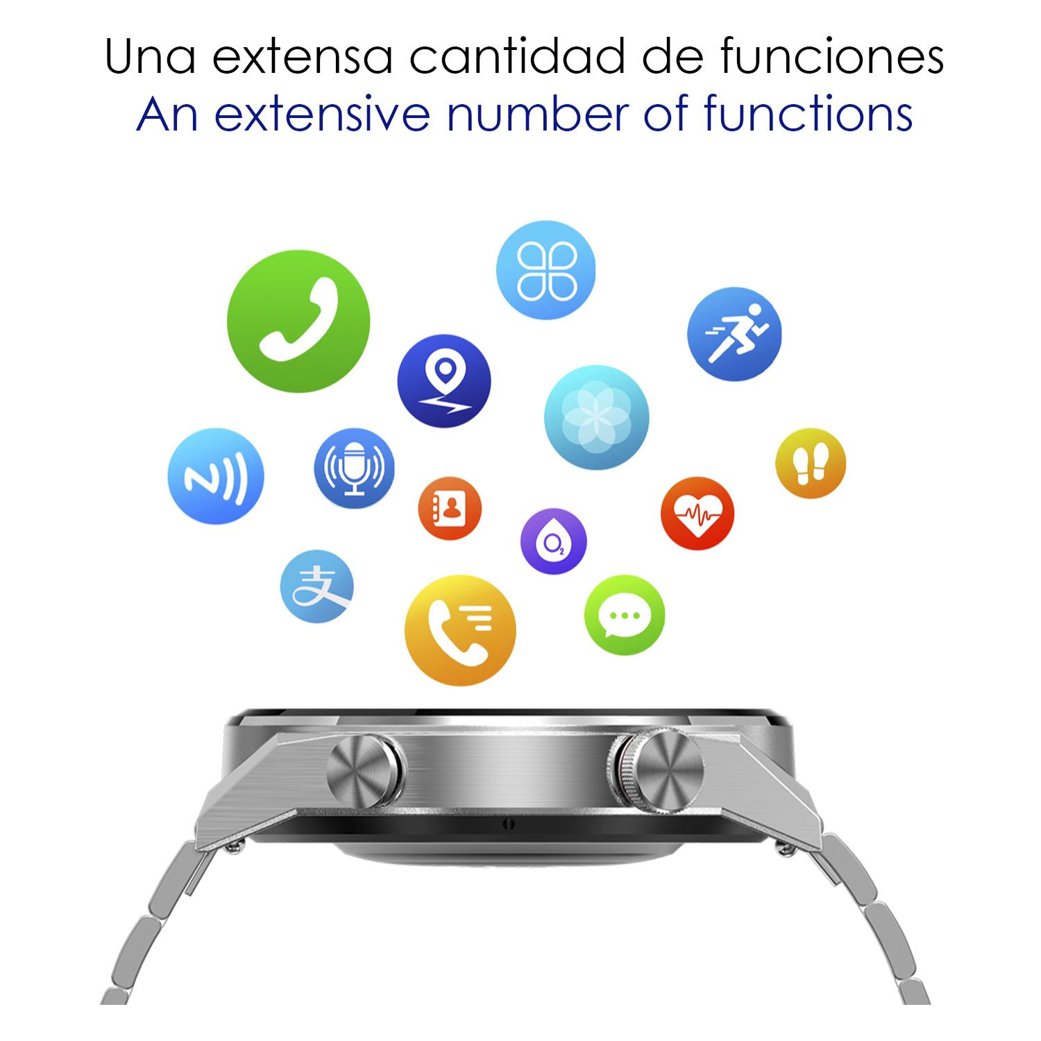 Smartwatch DT3 Mate con notificaciones, pantalla dividida, modos multideportivos y monitor cardíaco. Incluye correas de metal y silicona.