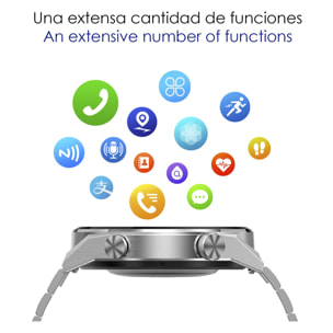 Smartwatch DT3 Mate con notificaciones, pantalla dividida, modos multideportivos y monitor cardíaco. Incluye correas de metal y silicona.