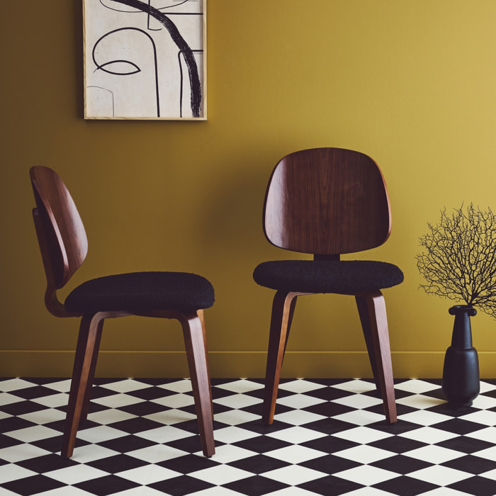 Lot de 2 chaises décor bois courbé placage effet noyer et bouclette texturée noire