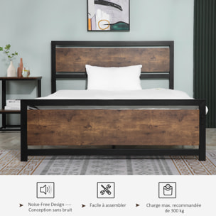 Lit double design industriel - tête de lit, pied de lit et sommier - dim. 195L x 144l x 103H cm - compatible matelas 190L x 140l cm - acier noir MDF aspect bois avec veinage