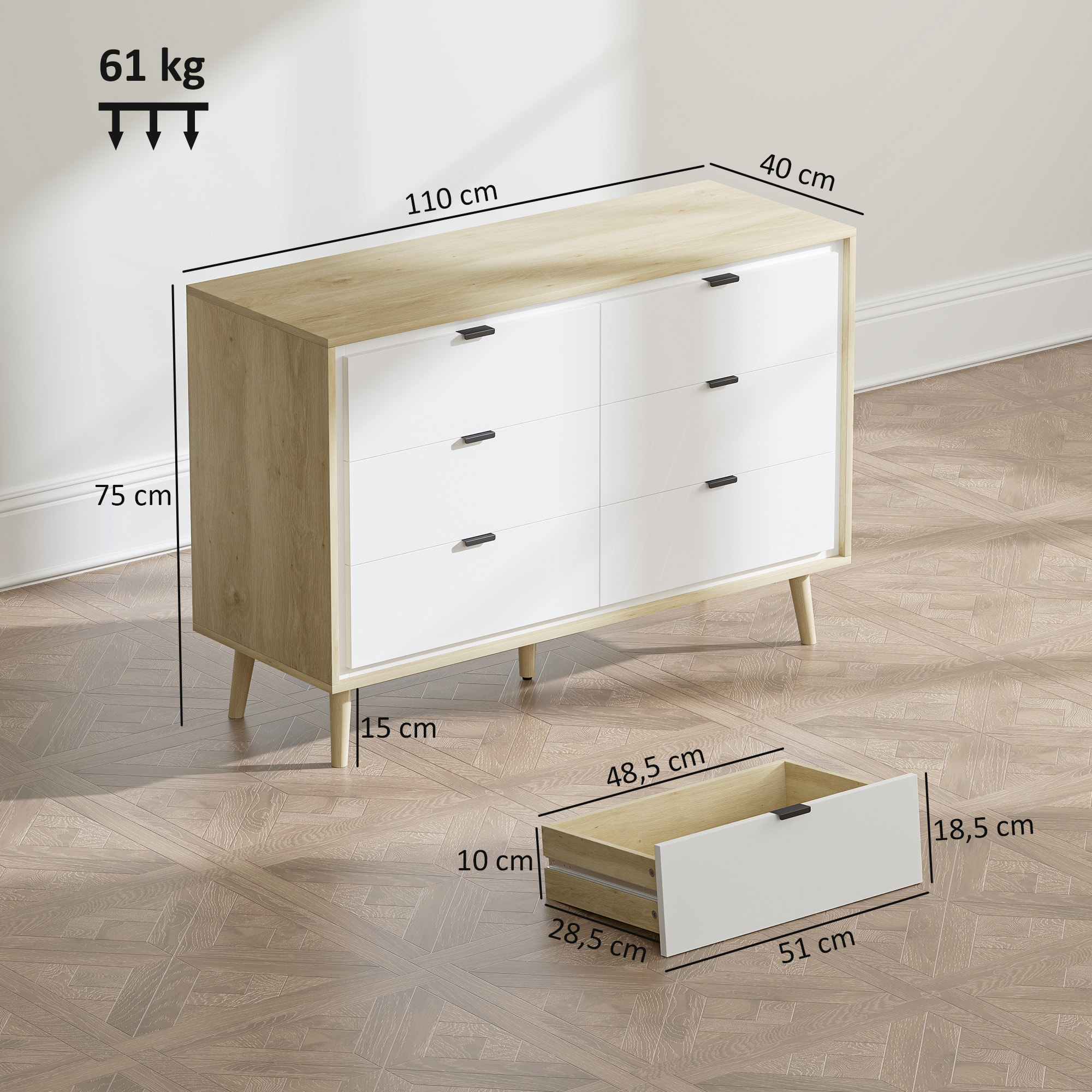 Cómoda 6 Cajones, Cómoda Dormitorio con Patas de Madera, Cajonera para Salón, Oficina, Estilo Moderno, 110x40x75 cm, Blanco Brillo y Roble