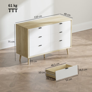 Cómoda 6 Cajones, Cómoda Dormitorio con Patas de Madera, Cajonera para Salón, Oficina, Estilo Moderno, 110x40x75 cm, Blanco Brillo y Roble