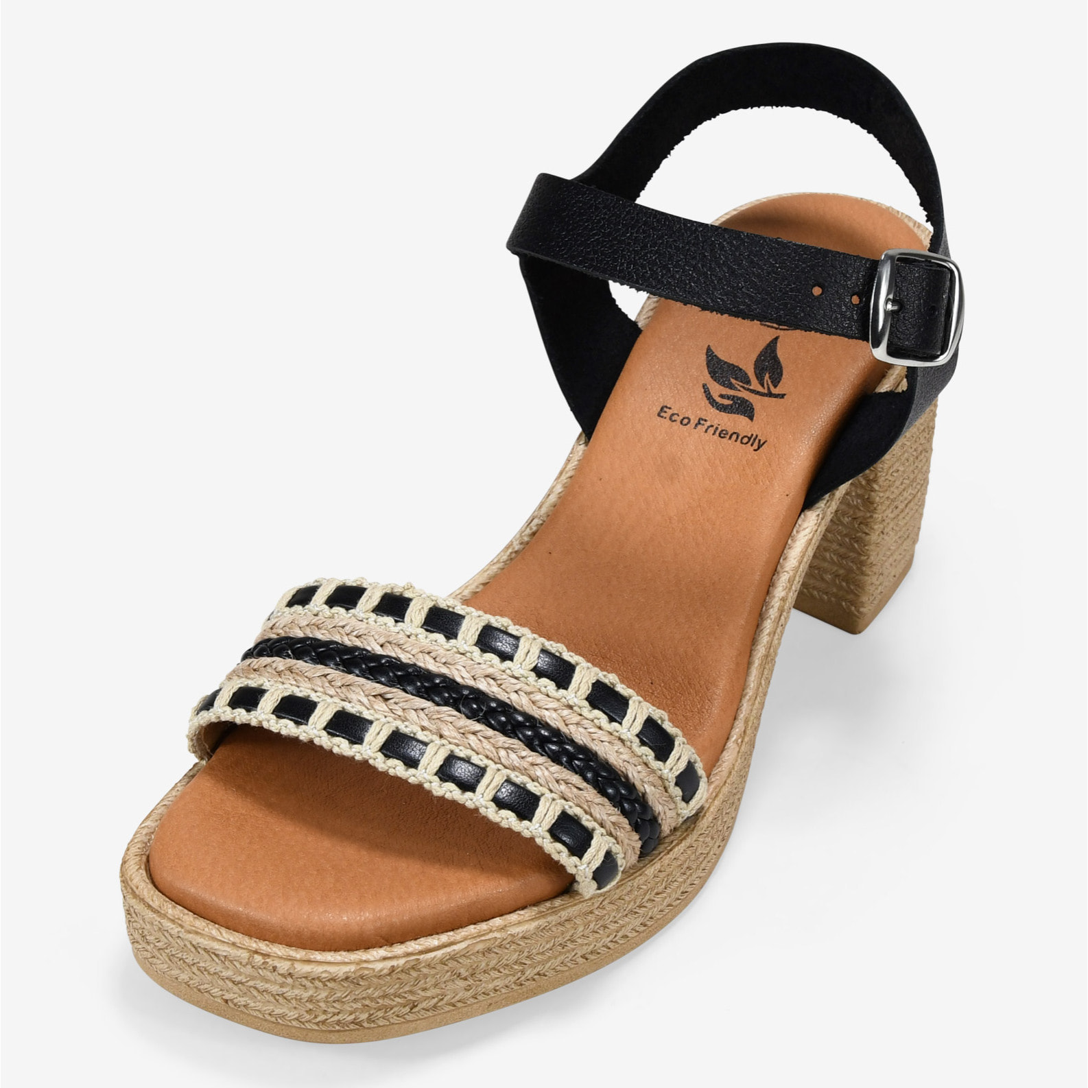 Sandalias de piel negras con tacón efecto esparto