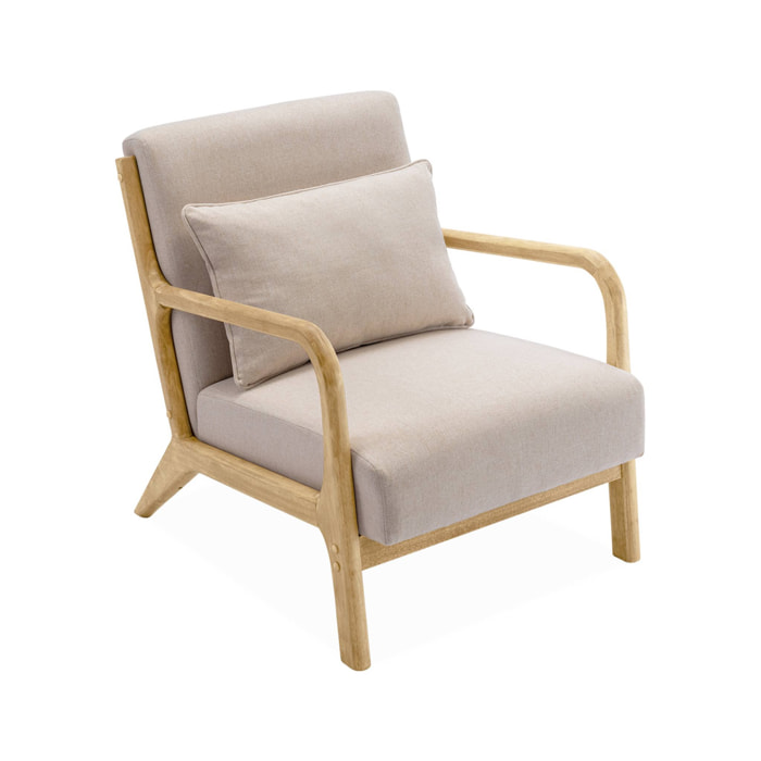 Fauteuil design en bois et tissu. 1 place droit fixe. pieds compas scandinave. structure en bois solide. assise confortable beige