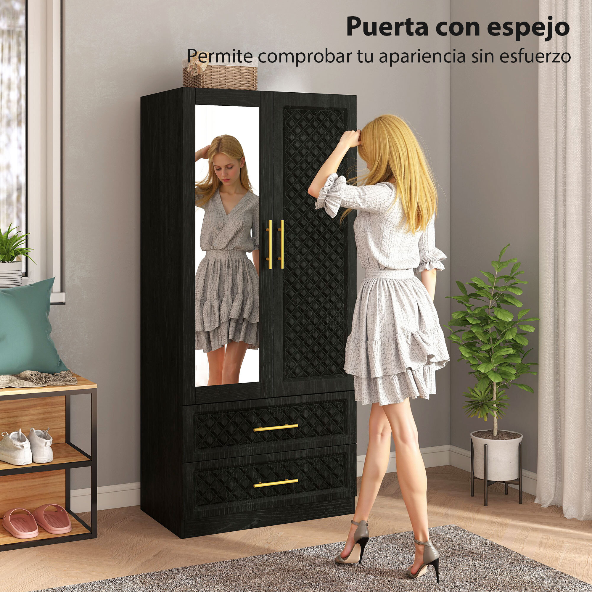 Armario Dormitorio 2 Puertas y 2 Cajones, Armario Ropero con Espejo, Relieve de Diamante, Barra para Colgar, Estilo Moderno, 80x50x180 cm, Negro