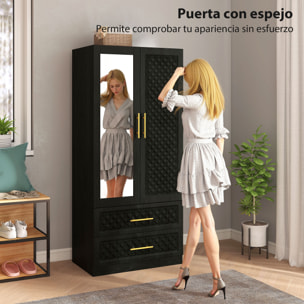 Armario Dormitorio 2 Puertas y 2 Cajones, Armario Ropero con Espejo, Relieve de Diamante, Barra para Colgar, Estilo Moderno, 80x50x180 cm, Negro