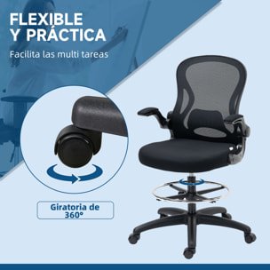 Silla de Dibujo Giratoria Silla de Escritorio Alta con Respaldo Medio Soporte Lumbar Reposabrazos Abatibles Altura Ajustable Carga 120 kg 59x65x110-130 cm Negro