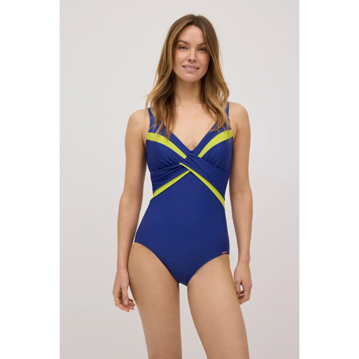 Costume da bagno snellente blu navy con dettagli lime