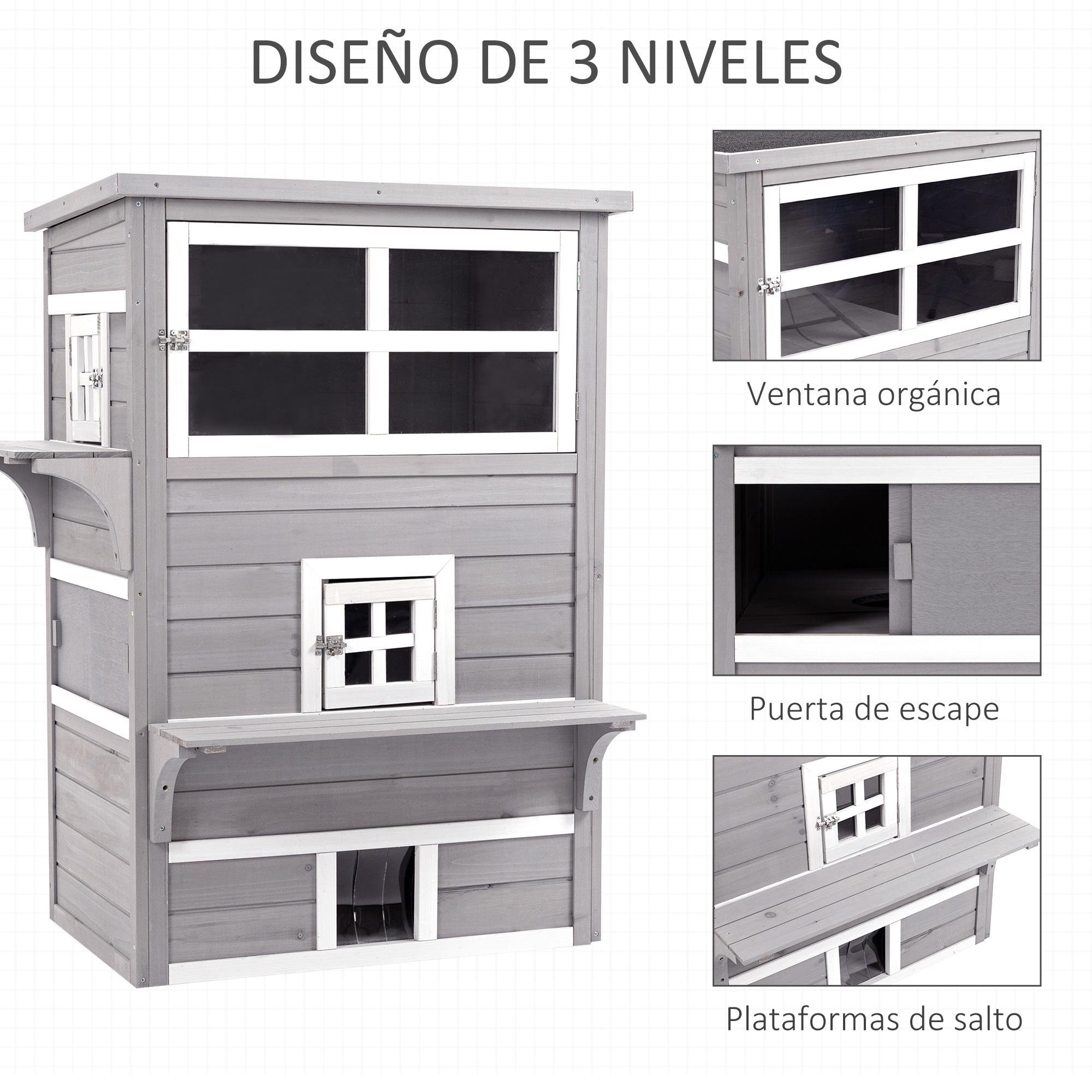 Caseta para Gatos de Madera Exterior 98x68,5x122 cm Casa Grande para Gatos de 3 Pisos con Múltiples Entradas Ventanas y 2 Plataformas para Terraza Balcón Jardín Gris