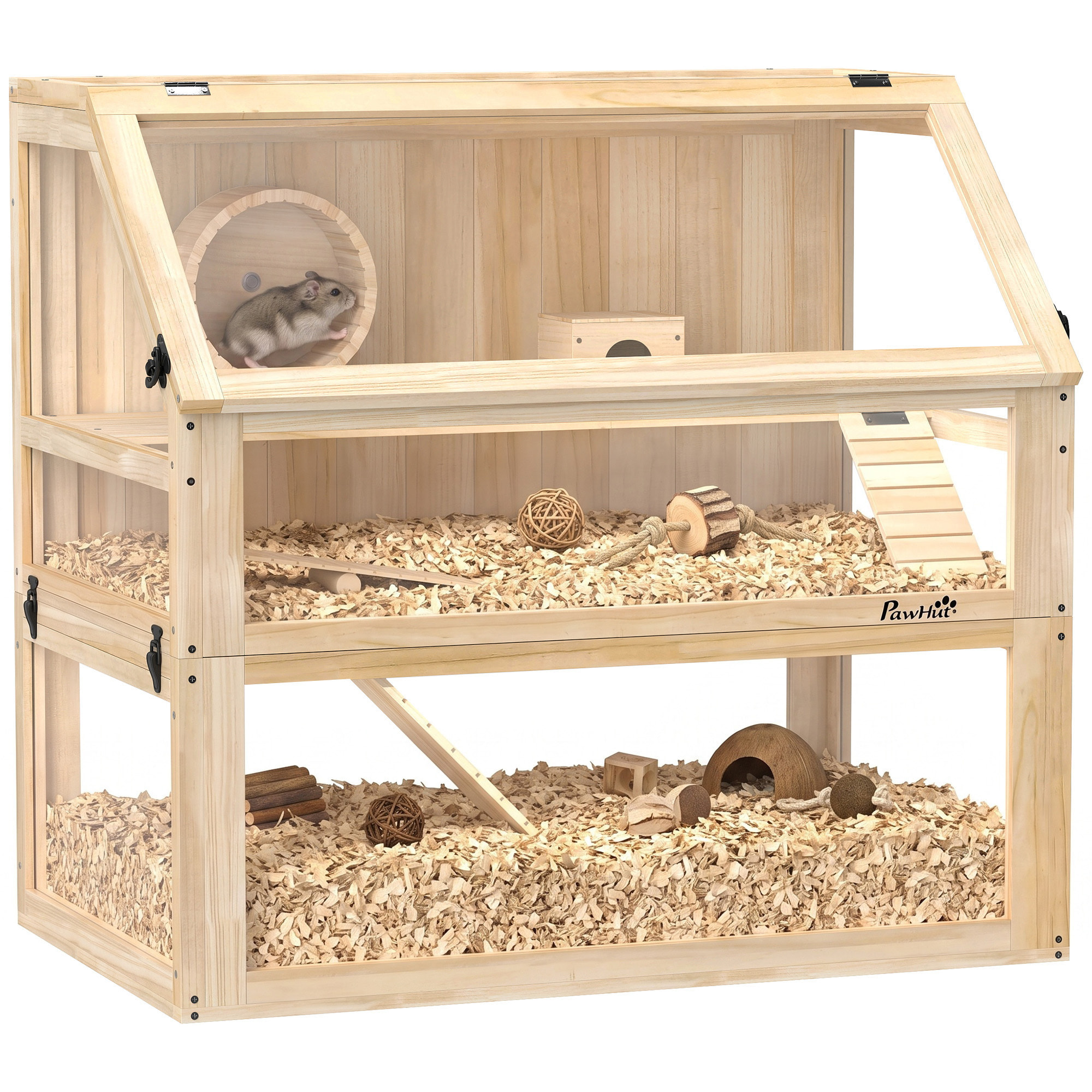Jaula para Hámster de Madera 3 Niveles, Casa para Roedores Pequeños con Base Profundo Desmontable, Balancín, Rueda de Ejercicio, Rampas, Casita, Paneles Transparentes, Jerbos, Enanos, Natural
