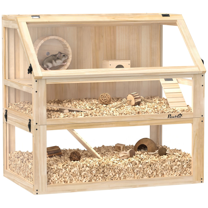 Jaula para Hámster de Madera 3 Niveles, Casa para Roedores Pequeños con Base Profundo Desmontable, Balancín, Rueda de Ejercicio, Rampas, Casita, Paneles Transparentes, Jerbos, Enanos, Natural