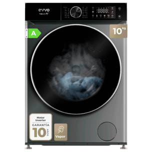 EVVO Lavadora 10 kg Nature R10X, 1400 rpm, Clase A, Motor Inverter, 13 programas, vapor, Super Spa, lavado rápido, inox