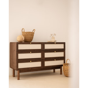 Commode en bois massif et lin avec six tiroirs en noyer de 76x120cm Hauteur: 76 Longueur: 120 Largeur: 42