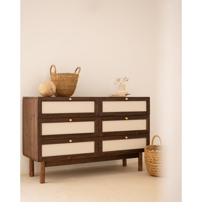 Commode en bois massif et lin avec six tiroirs en noyer de 76x120cm Hauteur: 76 Longueur: 120 Largeur: 42