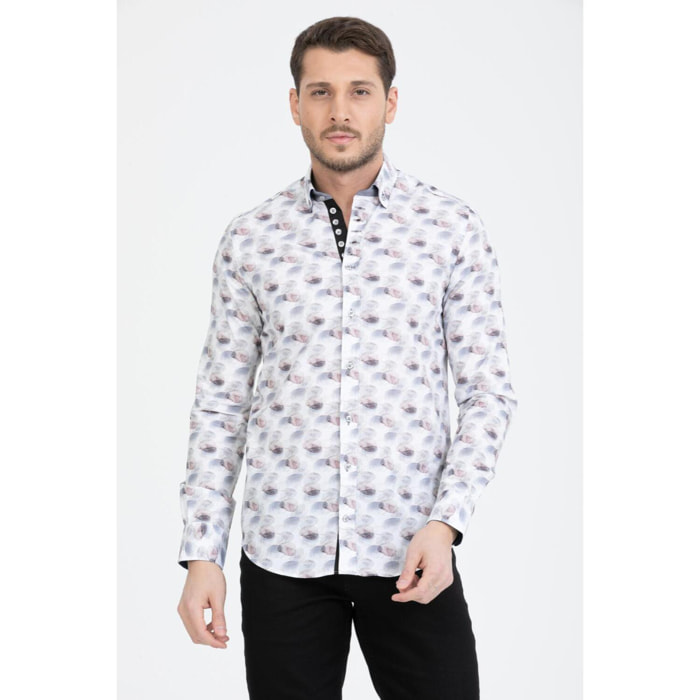 Camicia Uomo 1 Bottoni Button Down Slim Popeline Stampato Bianco/Grigio Chiaro