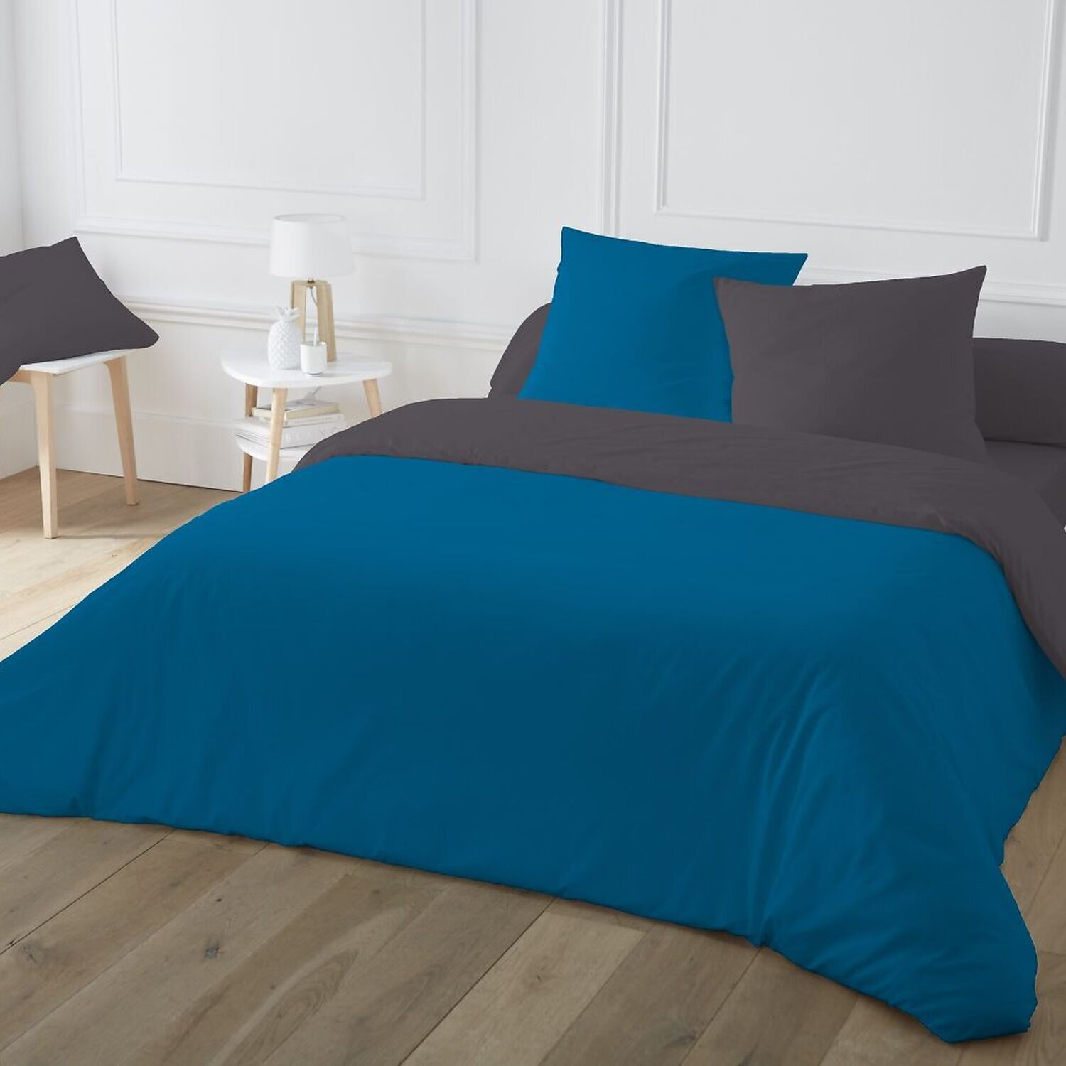Parure de couette 3pcs 100% coton 57fils bicolore - bleu et marron