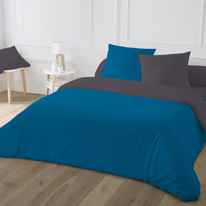 Parure de couette 3pcs 100% coton 57fils bicolore - bleu et marron